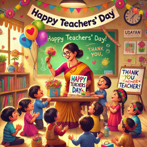 Happy Teachers' Day celebration at Udayan Kidz Preschool with children presenting a handmade card and gifts to their smiling teacher.