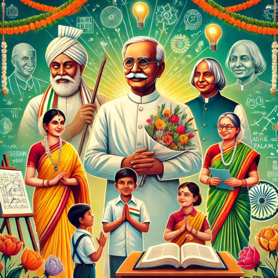 An illustration of legendary Indian educators, including Dr. Sarvepalli Radhakrishnan, Savitribai Phule, and APJ Abdul Kalam, with children offering flowers and greeting cards in front of a chalkboard and books.