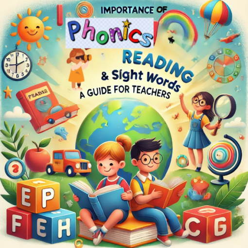 Cover image for a guide on phonic reading and sight words for teachers, featuring colorful letters, books, and children reading, illustrating the foundational concepts of reading instruction.