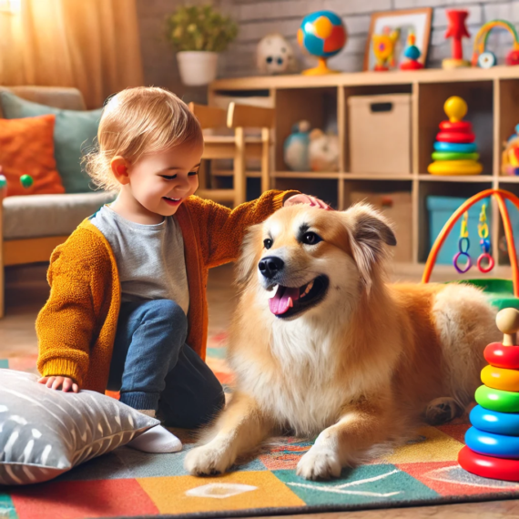 A young child playing with a friendly dog in a cozy room filled with educational toys.