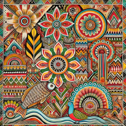 A vibrant Madhubani artwork featuring traditional motifs of nature, such as fish, peacocks, and trees, with geometric patterns and bold colors.