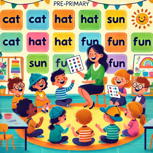 A group of pre-primary children sitting in a circle, joyfully learning rhyming words from their teacher in a bright, colorful classroom, with posters displaying rhyming word pairs like 'cat-hat' and 'sun-fun.