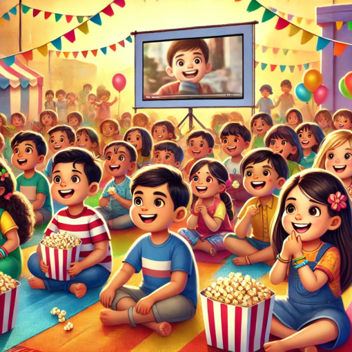 A group of happy children watching a movie with popcorn at summer camp.