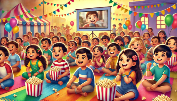 A group of happy children watching a movie with popcorn at summer camp.