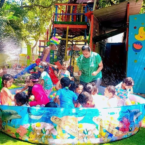 A vibrant scene of children enjoying a beach party at summer camp with swimming costumes and beach accessories.