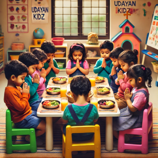 Children at a school table bowing their heads in prayer before a meal.