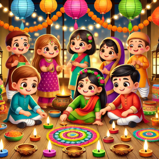 Preschool children celebrating Diwali with diyas and rangoli at Udayan Kidz.