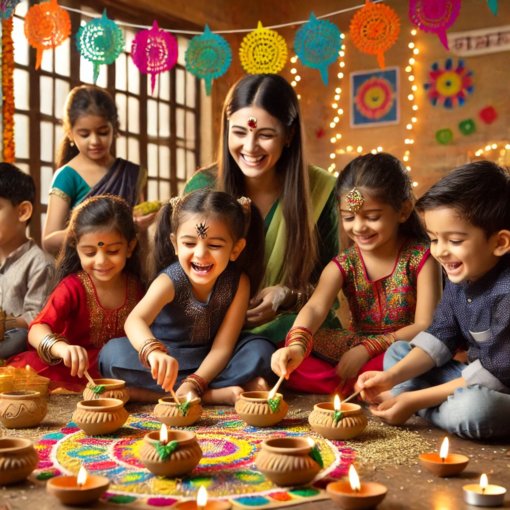 Preschool children crafting eco-friendly diyas at Udayan Kidz for Diwali.