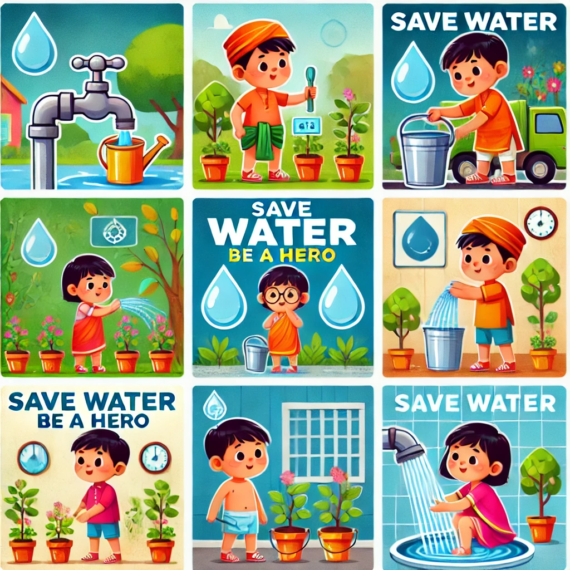 ndian kids practicing water conservation activities outdoors. One child turns off a water tap, another waters plants with a can, and a third takes a short shower. Symbols of water droplets, a “Save Water, Be a Hero” banner, and eco-friendly icons emphasize the theme of water-saving.