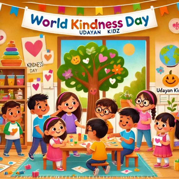 Indian preschool children joyfully celebrating World Kindness Day in a vibrant classroom at Udayan Kidz, engaged in creative activities promoting kindness and empathy