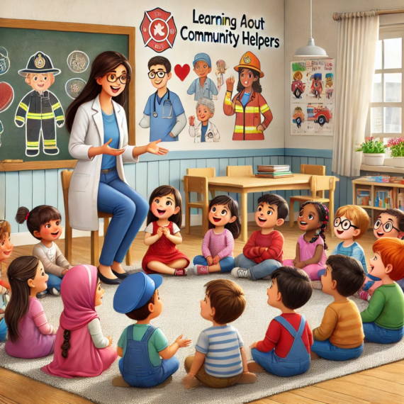 A joyful Circle Time in an Indian preschool classroom where children gather around their teacher, learning about community helpers.