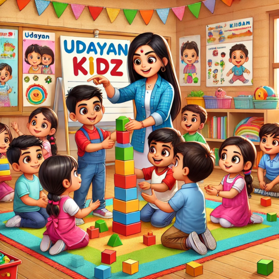 Indian preschool classroom with children working together in teamwork activities under teacher's guidance, showcasing cooperation and learning.