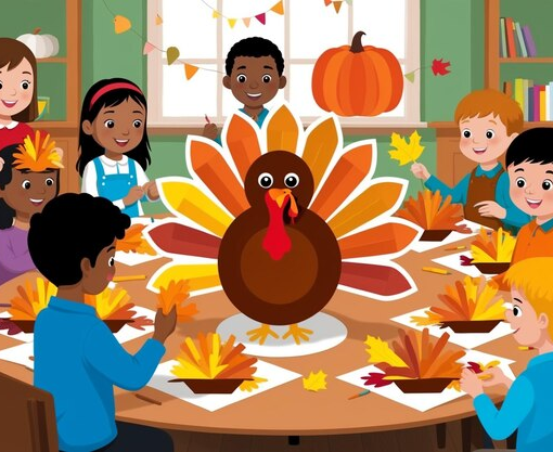 Indian preschool classroom decorated for Thanksgiving, with children sharing stories and participating in gratitude activities.