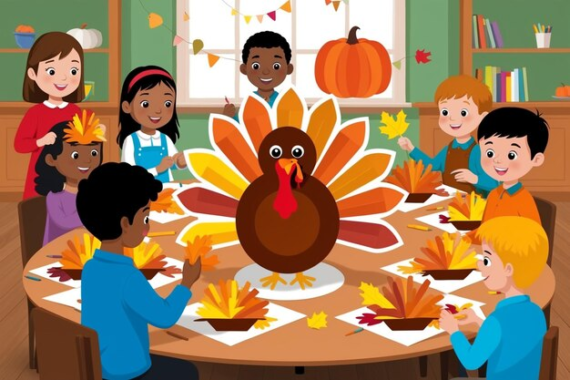 Indian preschool classroom decorated for Thanksgiving, with children sharing stories and participating in gratitude activities.