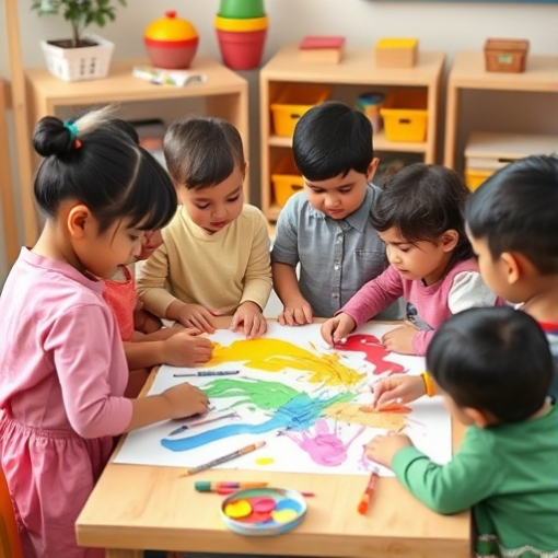 Preschool children working together on a colorful group art project, learning teamwork and empathy in a classroom setting.