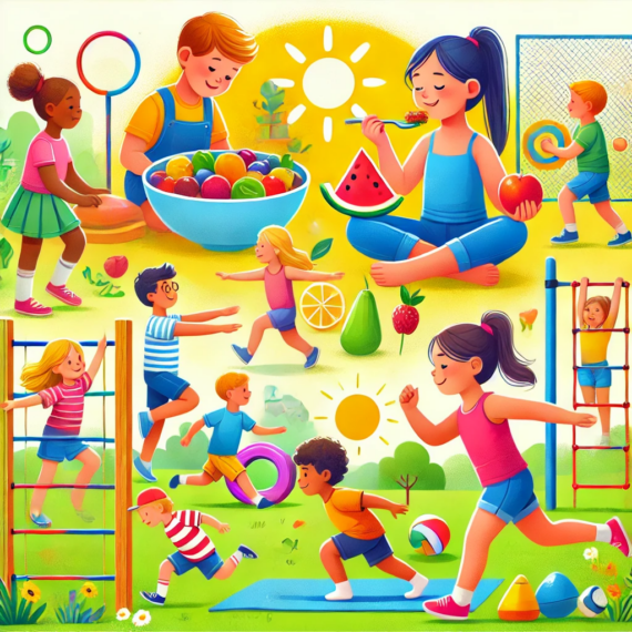 A bright, lively scene of young children engaging in outdoor games, making fruit salad, practicing yoga, and playing an obstacle race, emphasizing health and wellness activities.