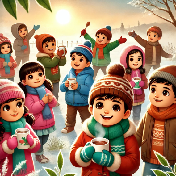 Indian children, aged 4-6, playing outdoors in a winter setting, wearing colorful warm clothes and enjoying hot chocolate.