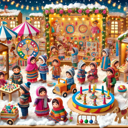 Preschool children enjoying a colorful winter carnival with clear and happy expressions, participating in games and activities like ring toss and ball throwing, surrounded by festive decorations including balloons, streamers, and lights. Parents and teachers engage warmly in the cheerful setting.