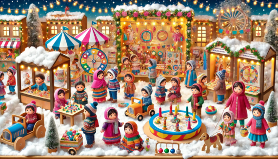 Preschool children enjoying a colorful winter carnival with clear and happy expressions, participating in games and activities like ring toss and ball throwing, surrounded by festive decorations including balloons, streamers, and lights. Parents and teachers engage warmly in the cheerful setting.