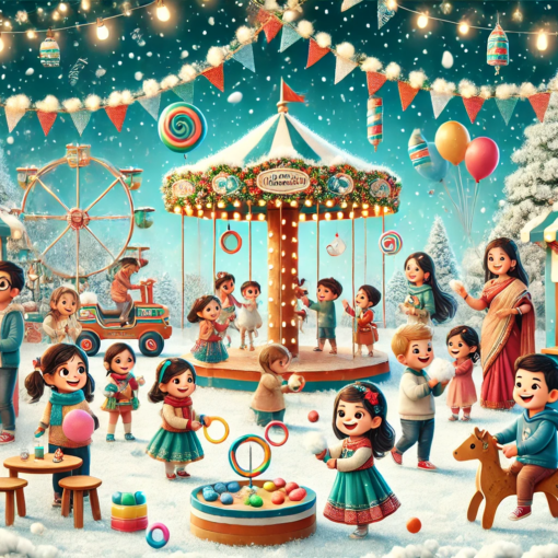 Preschool children in India enjoying a vibrant winter carnival with happy and clear expressions, participating in games like ring toss and balloon popping, surrounded by colorful decorations, arts and crafts stations, and cotton snow for a wintery touch. Parents and teachers are actively involved, creating a cheerful and festive environment.