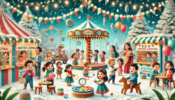 Preschool children in India enjoying a vibrant winter carnival with happy and clear expressions, participating in games like ring toss and balloon popping, surrounded by colorful decorations, arts and crafts stations, and cotton snow for a wintery touch. Parents and teachers are actively involved, creating a cheerful and festive environment.