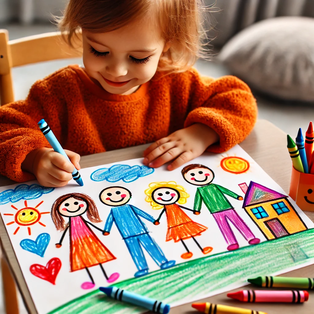 A preschool child drawing and coloring a picture of their family with bright colors and hearts.