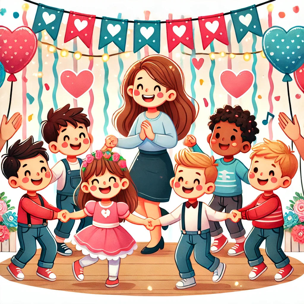 A heartwarming cartoon illustration of preschool children adding heart-shaped notes to a Love Tree in a classroom, each message expressing love, family, or friendship. The teacher smiles beside them as the background is decorated with Valentine’s Day banners and heart garlands.