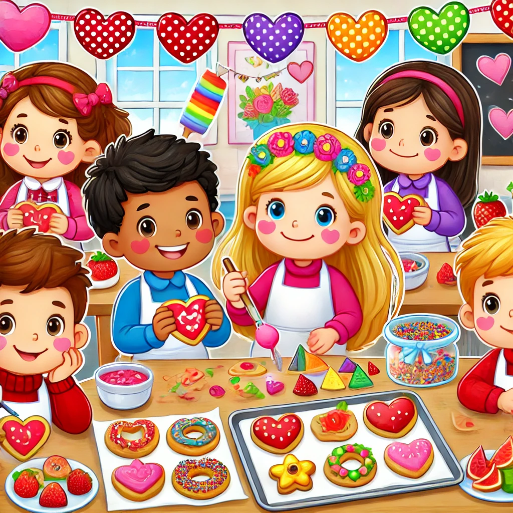 A joyful cartoon scene of preschool children participating in a Friendship Dance, holding hands and dancing in a circle with smiles. The background has heart-shaped balloons, banners, and confetti, while a teacher claps along encouragingly.