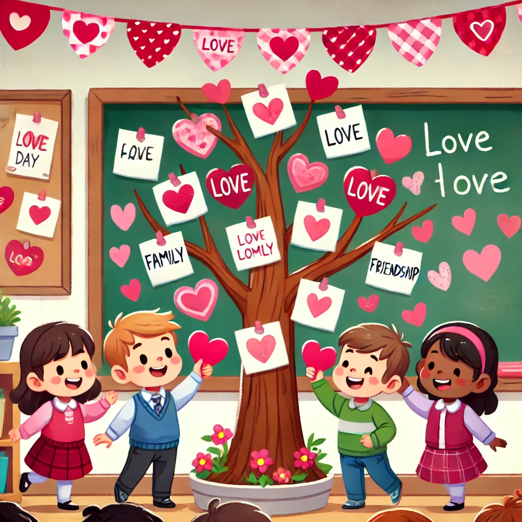A colorful cartoon scene of preschool children making heart-shaped crafts in a decorated classroom, surrounded by heart garlands and balloons.