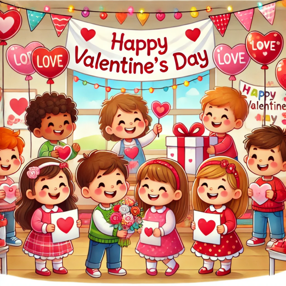 A bright and cheerful cartoon illustration of preschool children celebrating Valentine's Day in a decorated classroom with heart-shaped balloons, banners, and a "Happy Valentine's Day" sign.