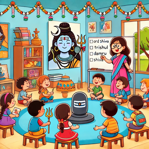 A colorful cartoon-style illustration of a preschool classroom celebrating Maha Shivratri with children engaging in themed activities.