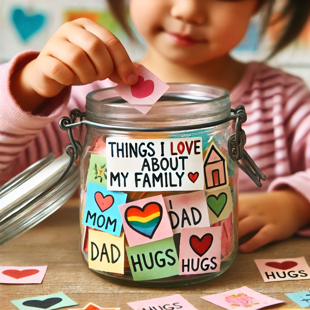 A preschool child placing a colorful note into a decorated Gratitude Jar labeled ‘Things I Love About My Family.’