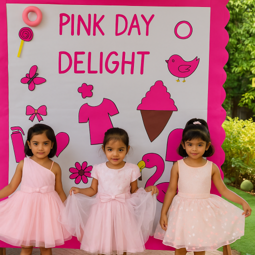 Three preschool girls dressed in pink outfits standing in front of a Pink Day Delight display board at Udayan Kidz, celebrating colour learning through fun classroom activities.